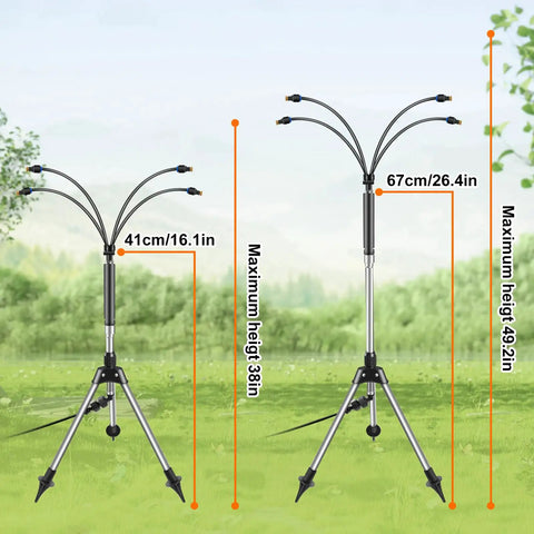 Outdoor Patio Water Mister System 26.5 Feet Portable Cooling Mister With Adjustable Height Stand Flexible Tubing And Wind Resistant Stainless Base For BBQs Pets Backyards Garden Parties shown in adjustable height settings amidst a green lawn.