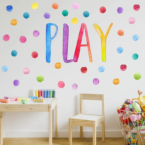 Kid Friendly Playroom Polka Dots Wall Decals Peel And Stick Watercolor Signs For Nursery Preschool Decor with colorful letters