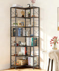 Tall Corner Bookshelf With Fourteen Shelves And Seven Tiers, Space Saving Corner Bookcase For Living Room Or Home Office, Neat Look