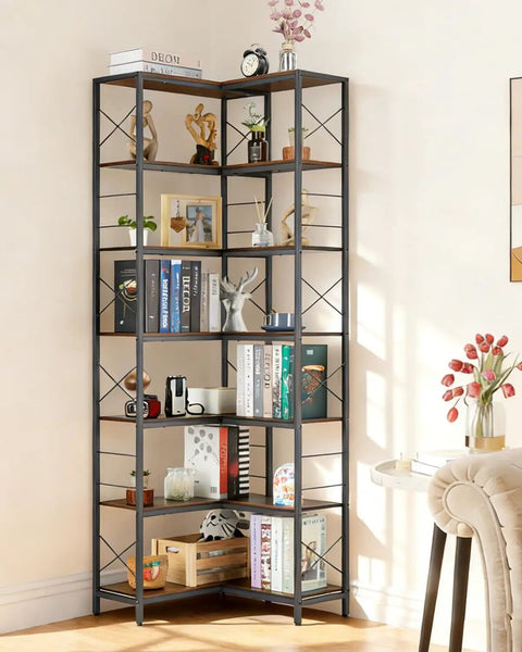 Tall Corner Bookshelf With Fourteen Shelves And Seven Tiers, Space Saving Corner Bookcase For Living Room Or Home Office, Neat Look