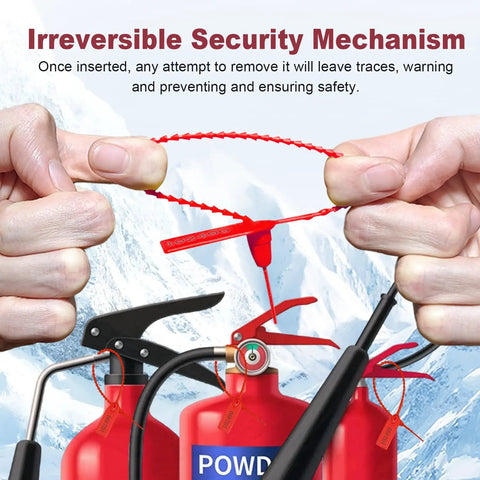 Massive 500 Piece Plastic Tamper Seals For Fire Extinguishers With Numbered Tags And Zip Ties, Red 9.8 Inch Long Self Locking Safety Tags, Disposable Security Signage Pack being demonstrated on fire extinguisher