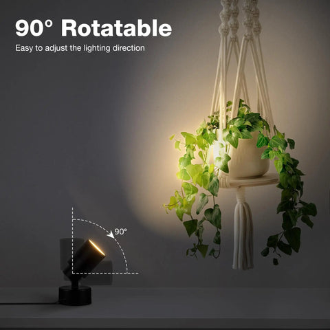 Image showing Two Pack Led Indoor Spotlight 120V 3W 3000K Warm White Uplight for Plants, illuminating hanging plants at 90° angle.