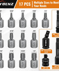 Seventeen Piece Screw Extractor Set With Three Eighths Inch Drive Easy Out For Stripped Screws Bolts And Nuts Includes Extension And Adapter And Universal Joint For Quick No Sweat Removal Of Stubborn Fasteners displayed in packaging with size labels