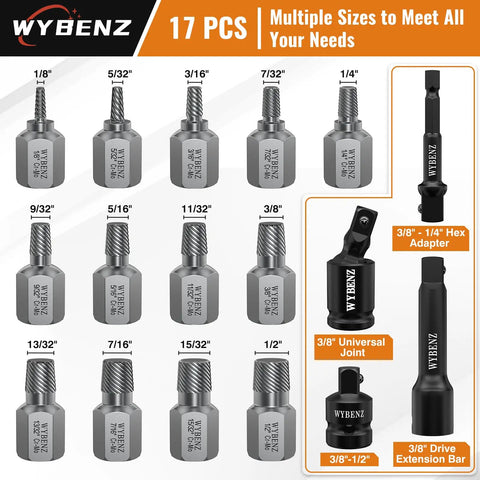 Seventeen Piece Screw Extractor Set With Three Eighths Inch Drive Easy Out For Stripped Screws Bolts And Nuts Includes Extension And Adapter And Universal Joint For Quick No Sweat Removal Of Stubborn Fasteners displayed in packaging with size labels