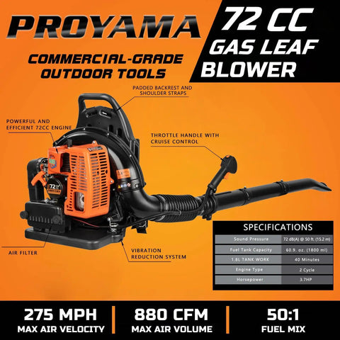 Beast Power 72cc Gas Backpack Leaf Blower With Cruise Control, 880 CFM At 275 MPH, black and orange design with ergonomic features.