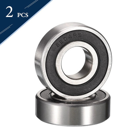 Close-up of two 6204-3/4-2RS deep groove bearings with rubber seals, chrome steel, 3/4 in bore, 47 mm OD