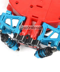 Close-up of blue Beefed Up Aluminum TT02 Swing Arm Upgrade Kit for one tenth scale on-road RC cars showing front suspension.