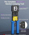 Close-up of All-In-One RJ45 Pass-Through Crimp Tool Kit for Cat6, Cat5e, and Cat5 with blue handles and cutting features highlighted