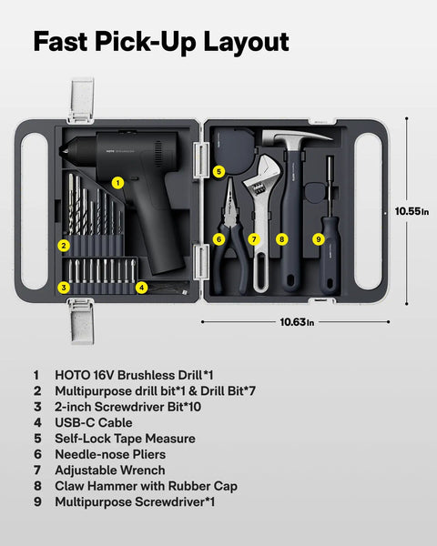 25 Piece Household Tool Kit With 16V Brushless Drill, Three Eighths Inch Keyless Chuck, Smart Display And 50 Nm Torque, 32 Settings, LED Light, Hammer, Wrench, Pliers, Drill Bits And Bit Tips For Home Repairs in black case