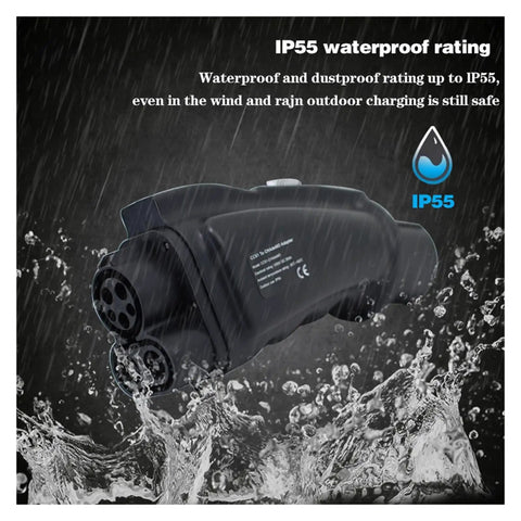Fast Lane 250A Power Delivery With This Dependable Ccs Combo One To Chademo Dc Ev Adapter shown in rain with IP55 waterproofing.