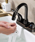 Oil Rubbed Bronze Stainless Steel Bathroom Faucet With Pop Up Drain Stopper And Deck Plate For 3 Hole Sink And 2 Handle Modern Vanity Fixture Easy To Install showing water flow and hands washing