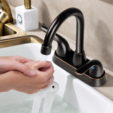 Oil Rubbed Bronze Stainless Steel Bathroom Faucet With Pop Up Drain Stopper And Deck Plate For 3 Hole Sink And 2 Handle Modern Vanity Fixture Easy To Install showing water flow and hands washing