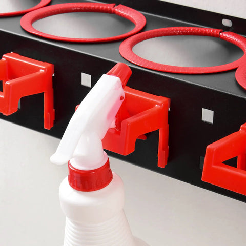 Close-up of spray bottle storage rack car detailing organizer with 5 holes and heavy duty plastic hooks, holding a bottle.