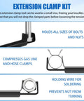 Close-up of Adjustable Extension Clamp Wrench Tool For Tight Spaces That Holds Nuts Bolts And Hose Clamps with three uses displayed on blue background.
