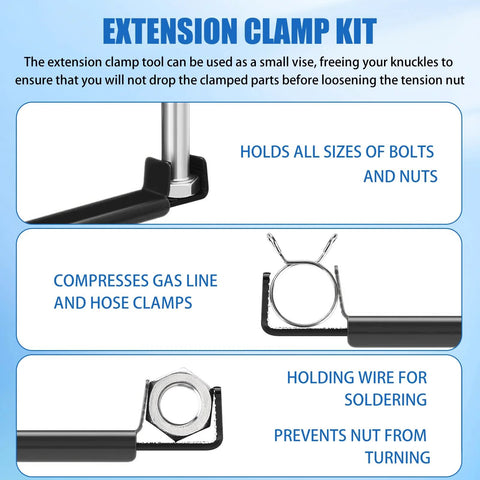 Close-up of Adjustable Extension Clamp Wrench Tool For Tight Spaces That Holds Nuts Bolts And Hose Clamps with three uses displayed on blue background.