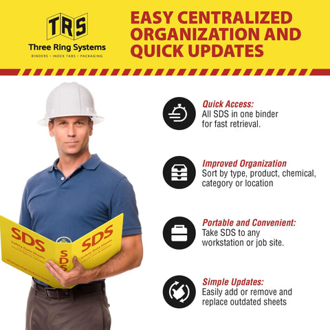 Man holding OSHA Compliant SDS Binder 2 Inch Heavy Duty MSDS Binder Bilingual English Spanish in bright yellow color.