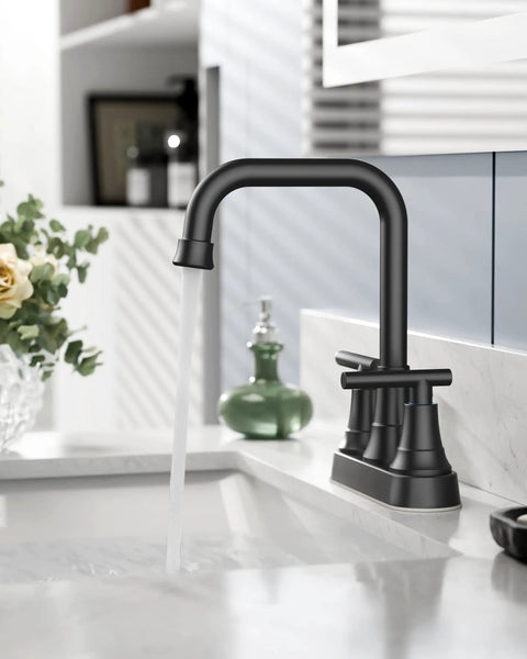 No Sweat Matte Black Centerset Bathroom Sink Faucet With Wide Integrated Deck Plate For Two Or Three Hole Vanities Smooth Quarter Turn Handles And Built To Last For Every Home Upgrade