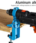 Premium Adjustable Bench Drill Stand Mount Featuring 360 Swivel Head, aluminum alloy clamp holding electric drill on workbench.