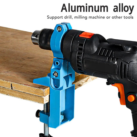 Premium Adjustable Bench Drill Stand Mount Featuring 360 Swivel Head, aluminum alloy clamp holding electric drill on workbench.