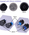Comparison of 19mm and 22mm Latching Pushbutton Switch U19C1 1NO1NC SPDT On Off Metal Shell With Blue LED, close-up with coin reference