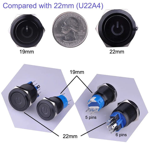 Comparison of 19mm and 22mm Latching Pushbutton Switch U19C1 1NO1NC SPDT On Off Metal Shell With Blue LED, close-up with coin reference