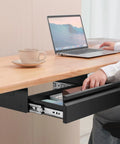 Total Game Changer Hella Smooth Slide Out Under Desk Drawer For Sit Stand Workstation, steel storage bin with drawer open