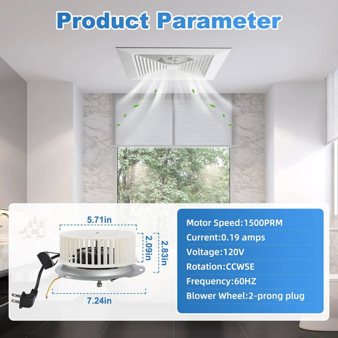 Image of upgraded 8832N 8832NA blower motor replacement, 3.3-inch diameter, 1500RPM, 120V, CCW, installed in bathroom exhaust fan.