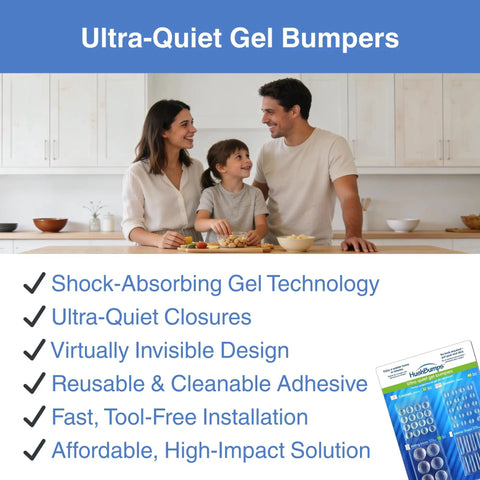 Family in kitchen showcasing Ultra Quiet Interior Door Bumpers 30 Pack with Energy Absorbing Polyurethane Cushions