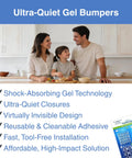 Ultra Quiet Cabinet And Drawer Bumpers 48 Pack, Energy Absorbing Gel Core, family in kitchen, product benefits and packaging