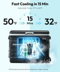 Smart 12V Car Fridge 59 Quarts With App Control And LCD Panel showing fast cooling with beverages inside.