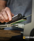 Professional Precision Adjustable Knife Sharpener Kit with rock solid metal construction in use for sharpening a blade