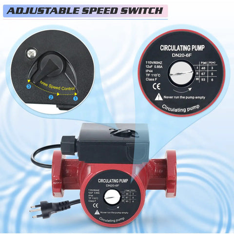 115V 1 Inch FNPT Flanged Hot Water Recirculating Pump with 3 Speed Switchable Circulation Control Dial and Power Cord