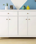 White cabinet with Five Pack Antique Brass Cabinet Knobs And Drawer Pulls, Brushed Bronze Solid Brass Handles, 1.1 inch dia