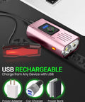 Pink Bike Light Set With Ultra Bright Dual LED Front And Rear Lights, USB Rechargeable, shown with charging options