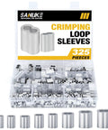 325 Piece Aluminum Wire Rope Ferrule Kit With Crimping Loop Sleeves In Eight Sizes, open display of sleeve pieces