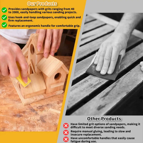 Person using Micro Sander Kit with Detail and Mini Hand Sanding Block on wood project, featuring 120 Piece Aluminum Oxide Sandpaper Set.