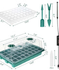 Two Pack Seed Starter Tray With Grow Light, 80 Cell Seed Starting Kit showing dimensions and accessories