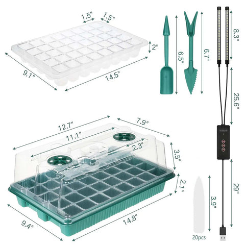 Two Pack Seed Starter Tray With Grow Light, 80 Cell Seed Starting Kit showing dimensions and accessories