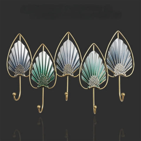 Heavy Duty Wall Mounted Coat Hooks For Door Entry Solid Iron Frame modern leaf design with five hooks for stylish organization.
