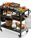 Beefy Outdoor Grill Cart With Wheels, Pizza Oven Stand And Prep Table For Patio And Backyard with steel frame and shelves