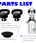 Parts list image showing two black safety chain anchors, one chrome 2-5/16" gooseneck ball, and one rubber hole cover.