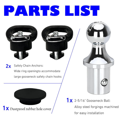 Parts list image showing two black safety chain anchors, one chrome 2-5/16" gooseneck ball, and one rubber hole cover.