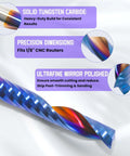 CNC router bit, 1/8 in shank, tungsten carbide, upcut single-flute, blue iridescent finish