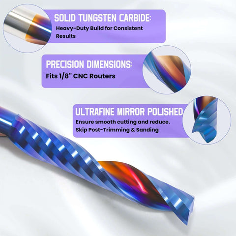 CNC router bit, 1/8 in shank, tungsten carbide, upcut single-flute, blue iridescent finish