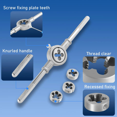 84 Piece Pro Grade Tap And Die Set with die wrench, knurled handle, and threading inserts for threading and rethreading M3-M12.