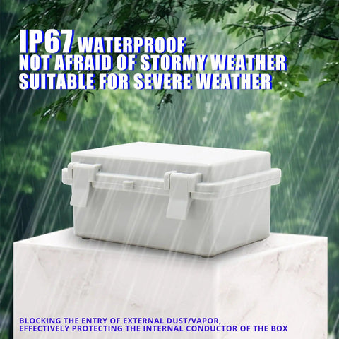 Outdoor Small Waterproof Electrical Junction Box With Lock And Wall Bracket Rugged Hinged Cover ABS Plastic Case In Gray on marble surface in rain