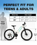 Women’s 26 Inch Mountain Bike For Adults With Shimano Rear Derailleur And Twist Grip Shifter diagram with rider height