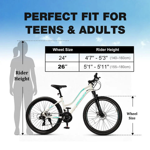 Women’s 26 Inch Mountain Bike For Adults With Shimano Rear Derailleur And Twist Grip Shifter diagram with rider height