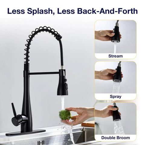 TOYWIA Kitchen Faucets with Pull Down Sprayer, High Arc Single Handle, Matte Black, showcasing multiple water spray options.