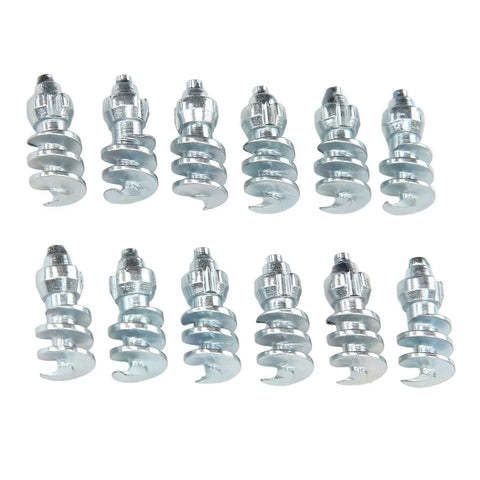 50 Piece Screw In Tire Studs Tough Tungsten Steel Snow Spikes in a group, showcasing spiral design for winter traction.